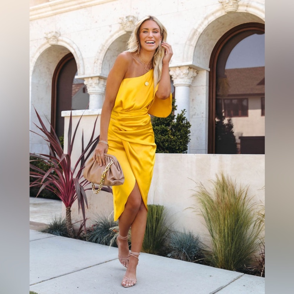 PERSIMMON ONE SHOULDER SATIN DRAPE DRESS - YELLOW